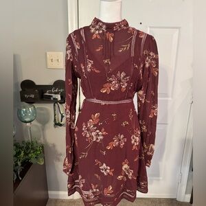 Floral Long Sleeve Dress in Burgundy